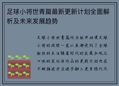 足球小将世青篇最新更新计划全面解析及未来发展趋势 足球小将世青篇最新更新计划全面解析及未来发展趋势