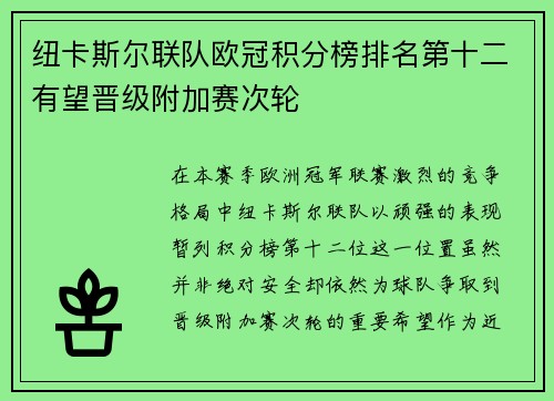 纽卡斯尔联队欧冠积分榜排名第十二有望晋级附加赛次轮